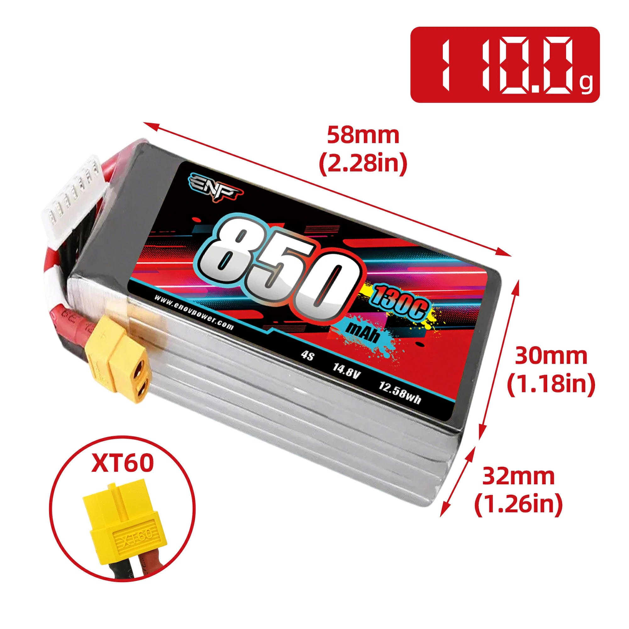 850mah 130C High C-rate Lipo Battery (dimension figure)